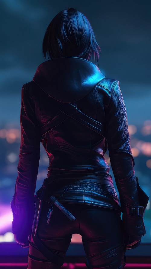 Cyberpunk warrior in a black leather jacket at night