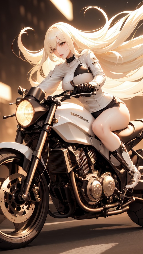 Anime girl with blonde hair riding a motorcycle
