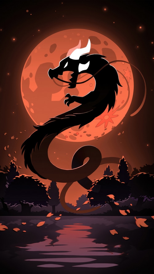 Black dragon silhouette against a large orange moon