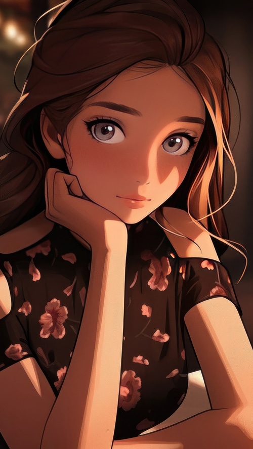 Anime girl with brown hair and floral dress