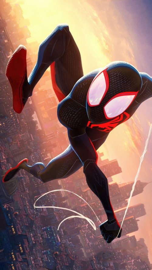Spider-Man (Miles Morales) swinging through a city