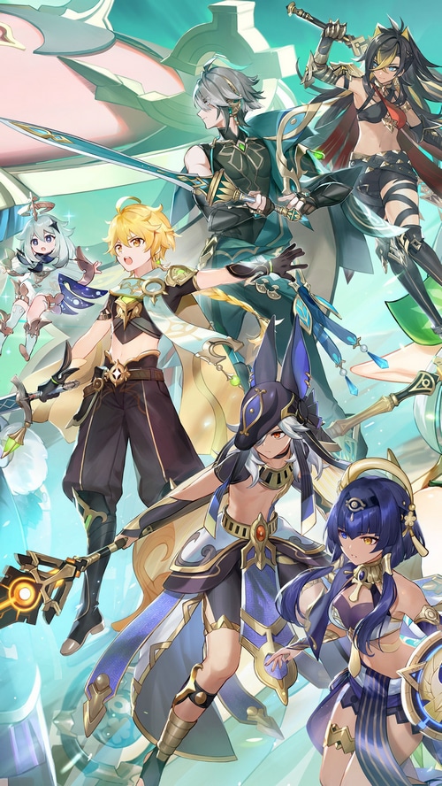 Genshin Impact characters Alhaitham, Cyno, Candace, and Aether