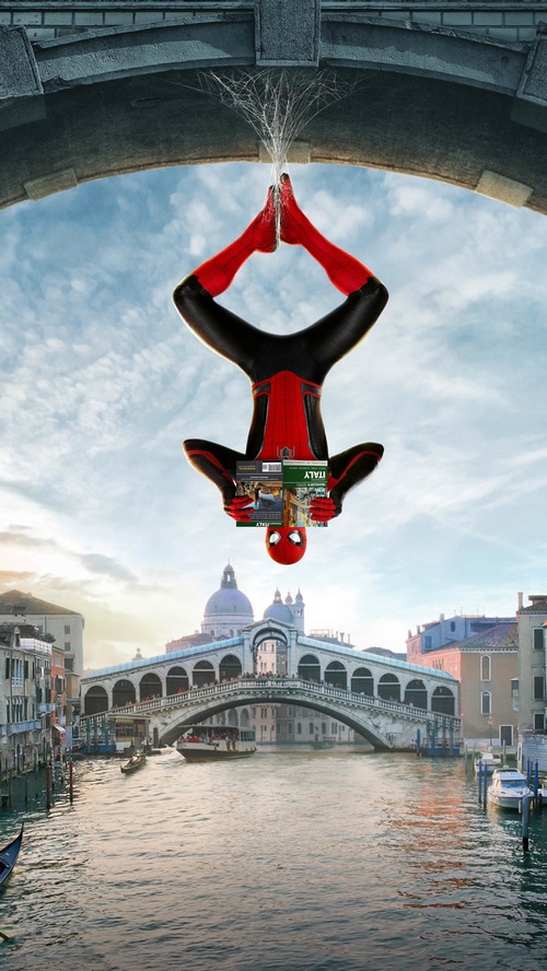 Spider-Man reading a travel guide in Venice