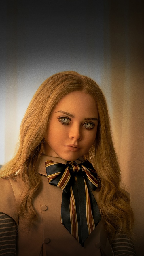M3GAN doll with blonde hair and blue eyes