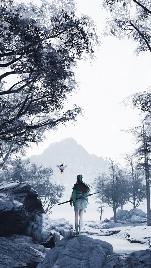 Girl with sword and fairy in snowy landscape