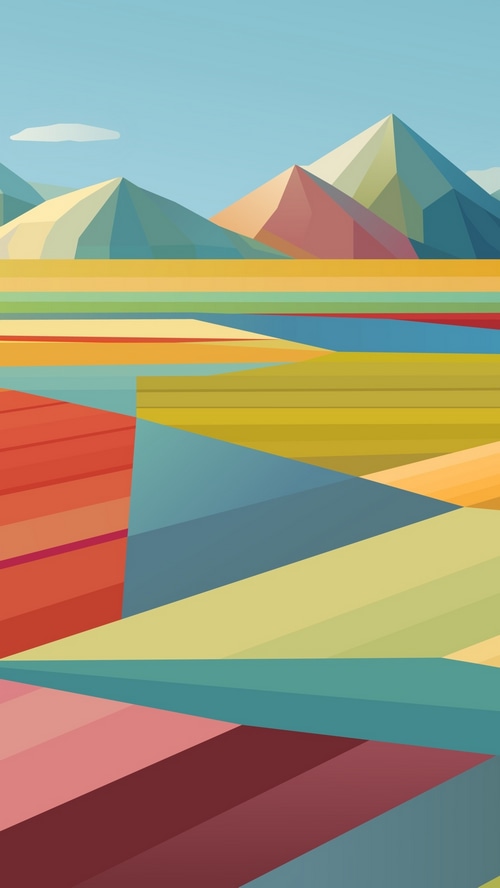 Colorful geometric landscape with mountains and fields