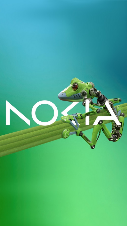 Nokia logo with a robotic frog on a green stem
