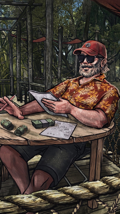 Man in Hawaiian shirt and cap at a table
