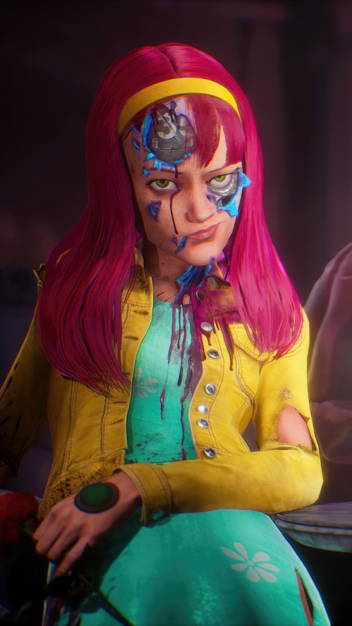 Girl with cybernetic face and pink hair