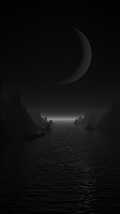 Dark Landscape with Crescent Moon Over Water