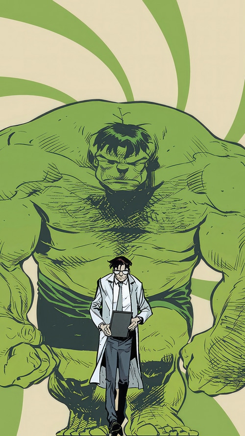 The Hulk and Bruce Banner in a comic art style