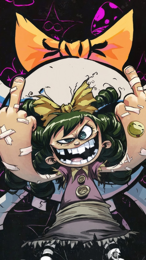 Cartoon girl with green hair and large bow