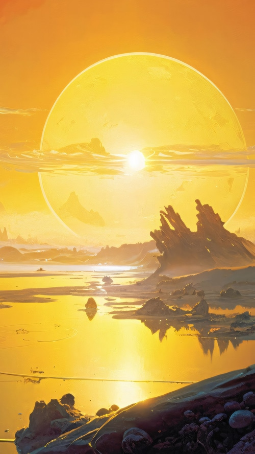 Sci-fi planet landscape with a large sun
