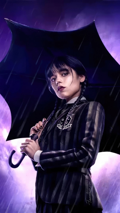 Wednesday Addams holding an umbrella in the rain 4K
