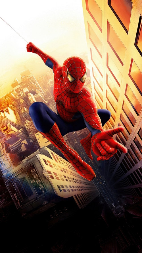 Spider-Man swinging through a city