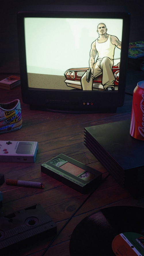 GTA artwork on a retro TV screen