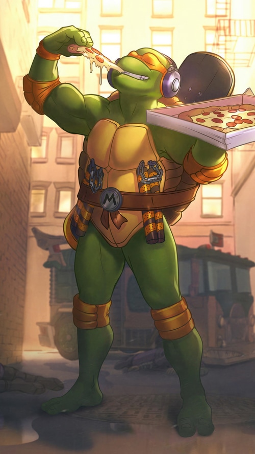 Michelangelo from Teenage Mutant Ninja Turtles eating pizza