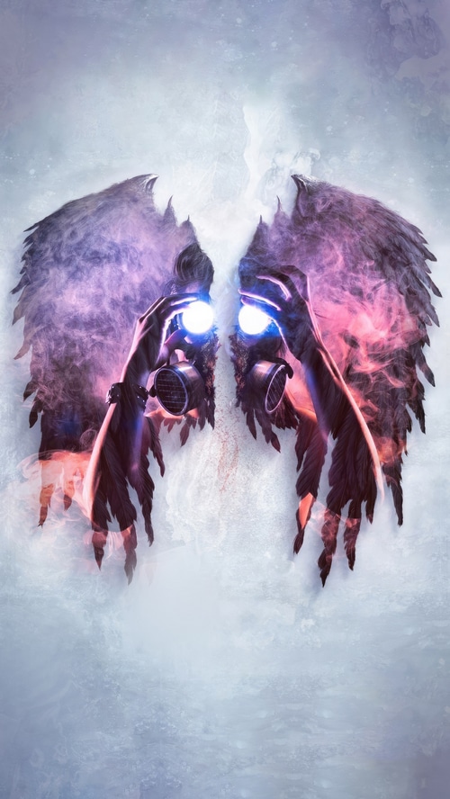 Angel wings with glowing orbs and hands