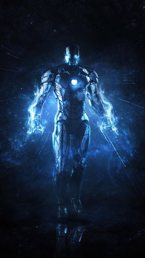 Iron Man in blue energy with cosmic background