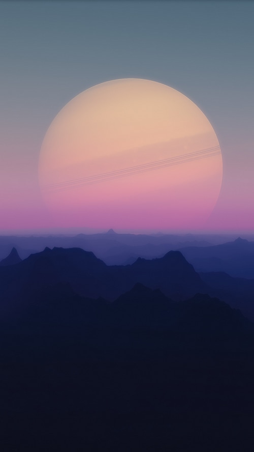 Digital art of a planet with rings over mountains
