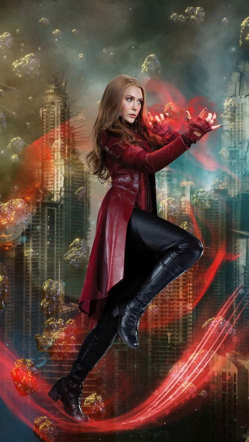 Scarlet Witch using magic in a destroyed city