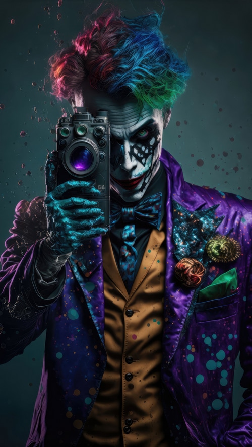 Joker holding a camera with colorful hair