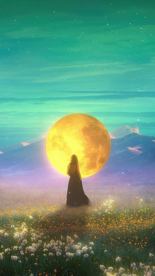 Woman in a field facing a large moon