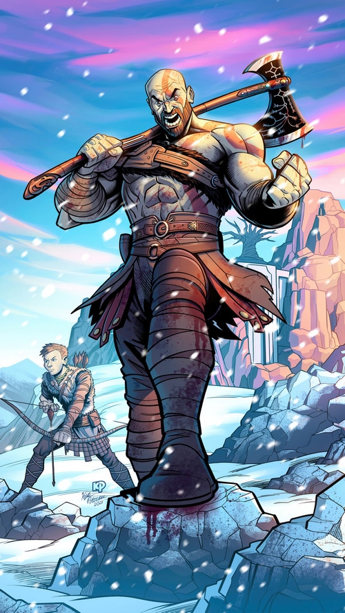 Kratos and Atreus in a snowy landscape
