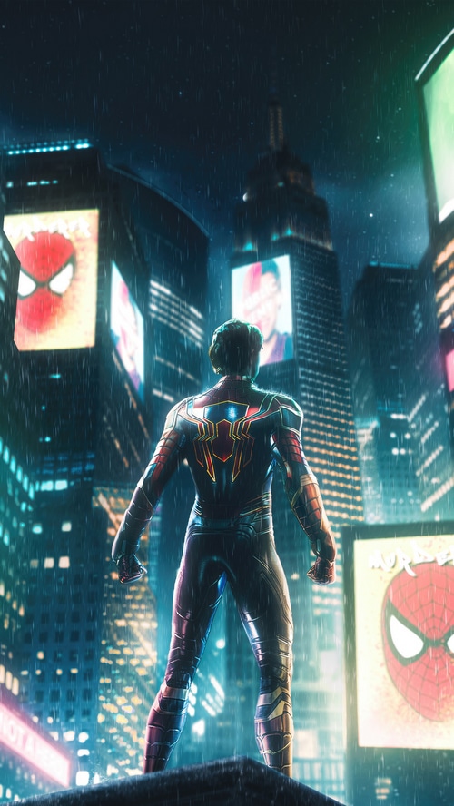 Spider-Man in a Rainy City at Night