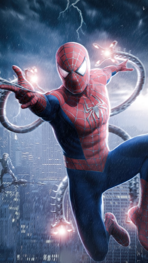 Spider-Man and Doctor Octopus in a stormy city