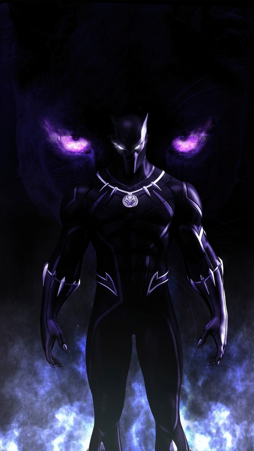 Black Panther with purple panther eyes in background