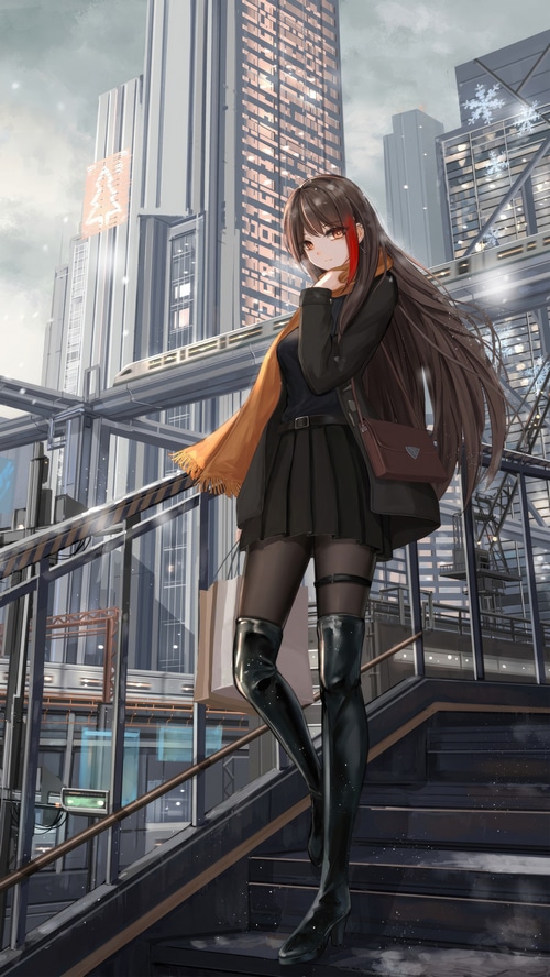 Anime girl in a city with skyscrapers