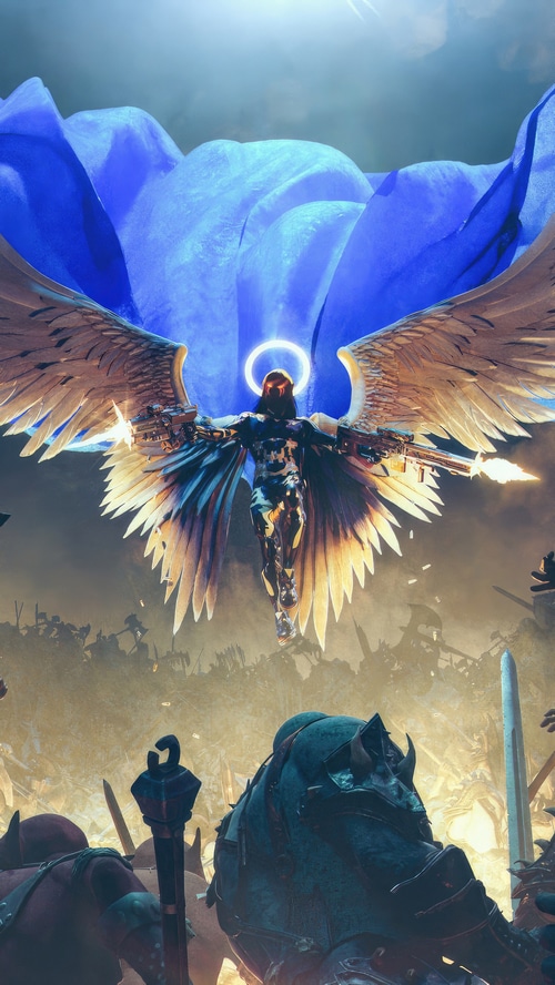 Angel with wings and guns in battle