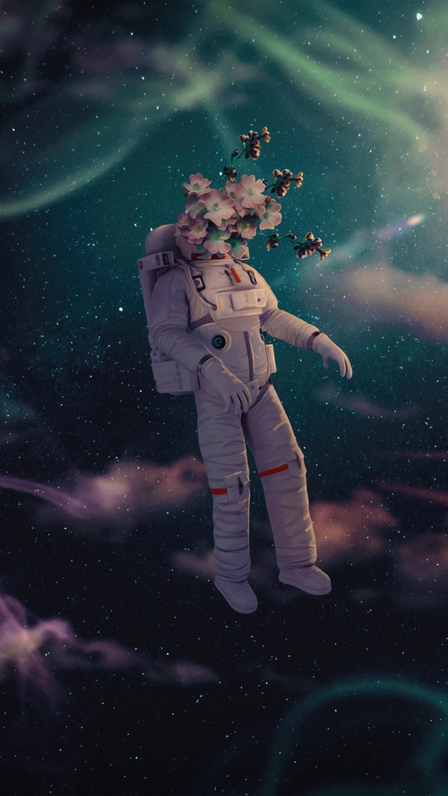 Astronaut with flowers in space