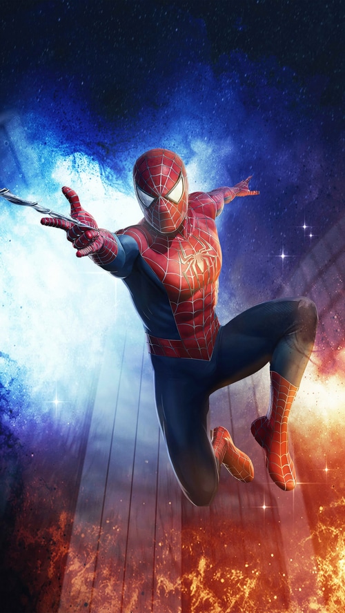 Spider-Man in action with cosmic background