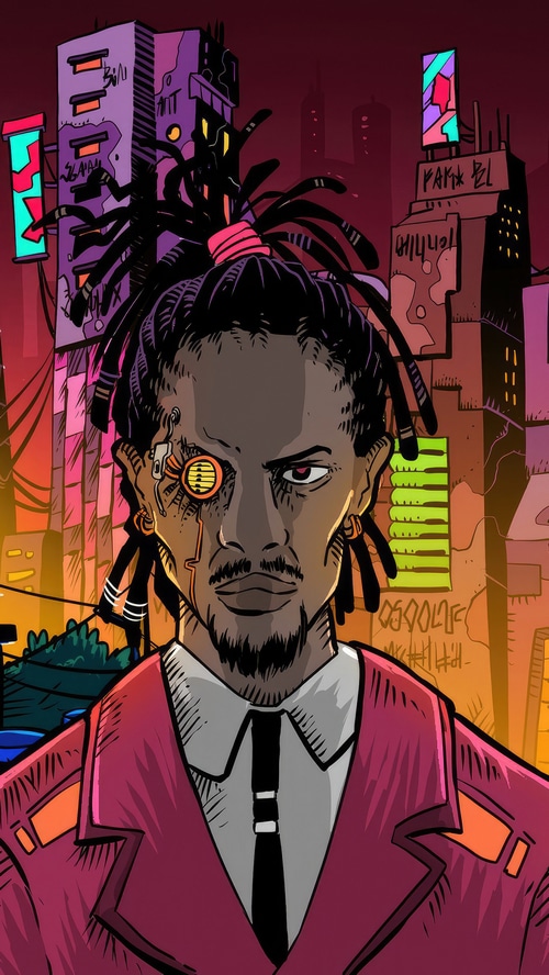 Cyberpunk man with cybernetic eye in neon city