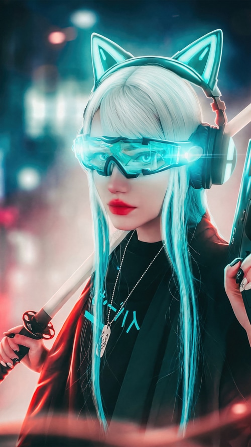 Cyberpunk woman with cat ears and sword