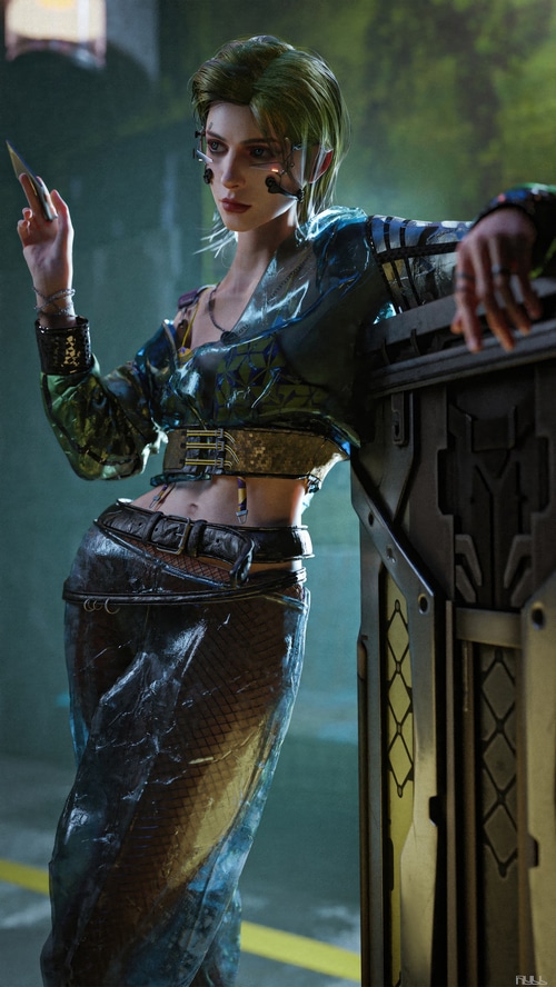Sci-fi artwork of a woman with green hair