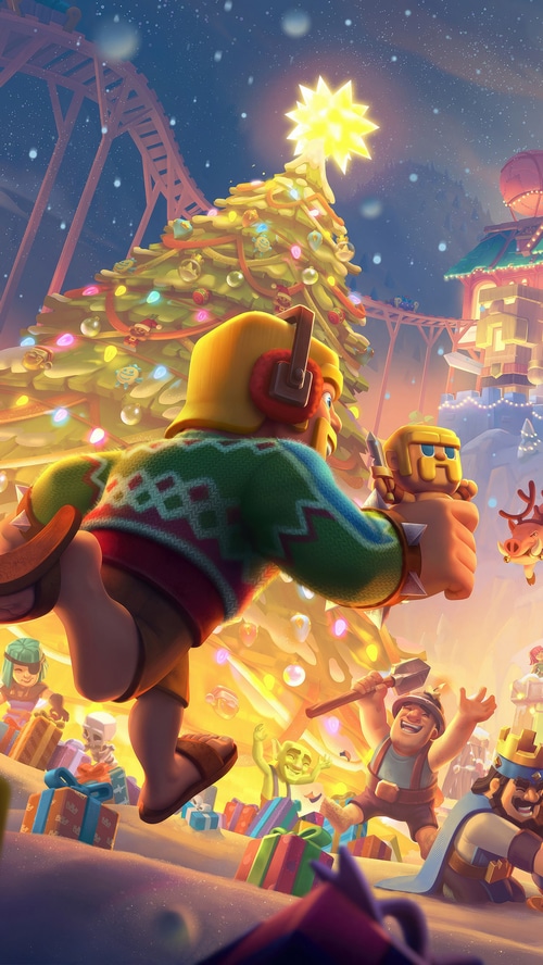 Clash of Clans characters celebrate Christmas with a tree and gifts