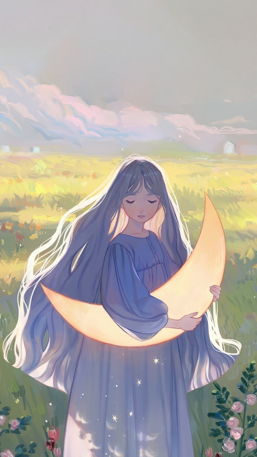 Anime girl holding a crescent moon in a field