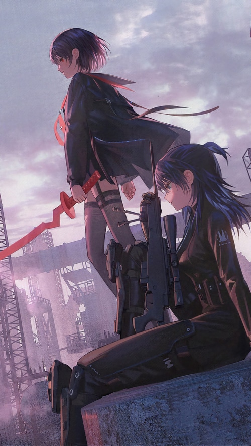 Anime girls with weapons in ruined city