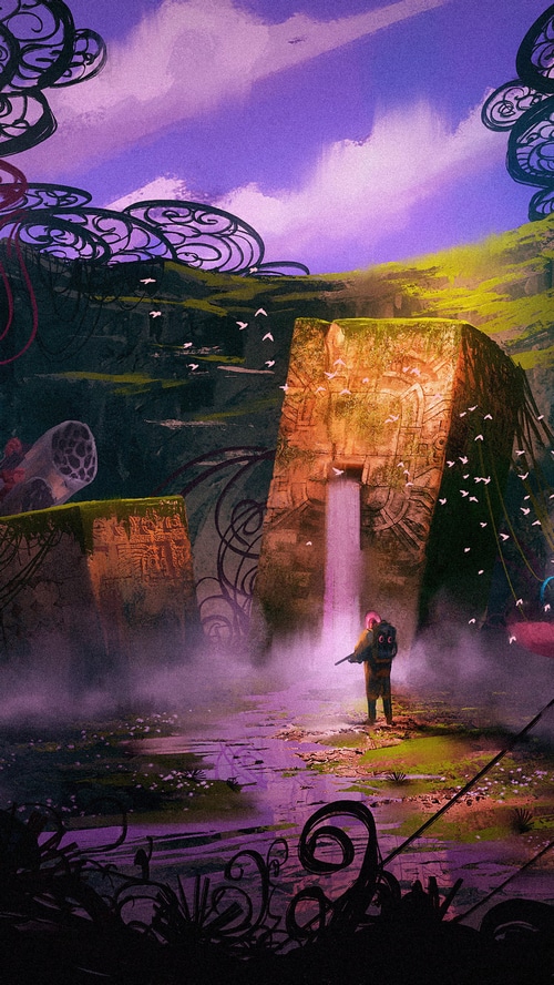 Man with backpack and rifle in alien landscape