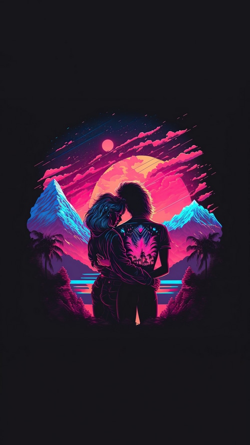 Couple embracing against a neon retro sunset landscape
