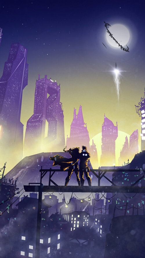 Cyberpunk city with two figures on a platform