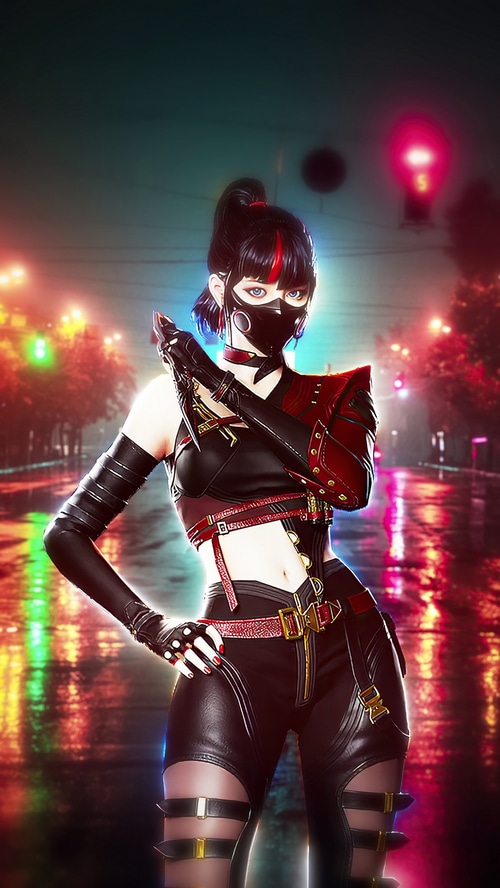Crossfire character in a dark, wet city street