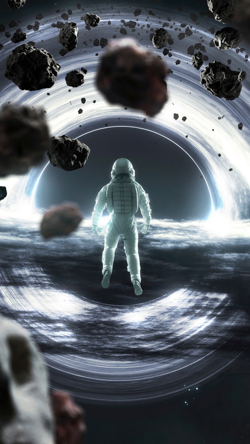 Astronaut near a black hole with asteroids