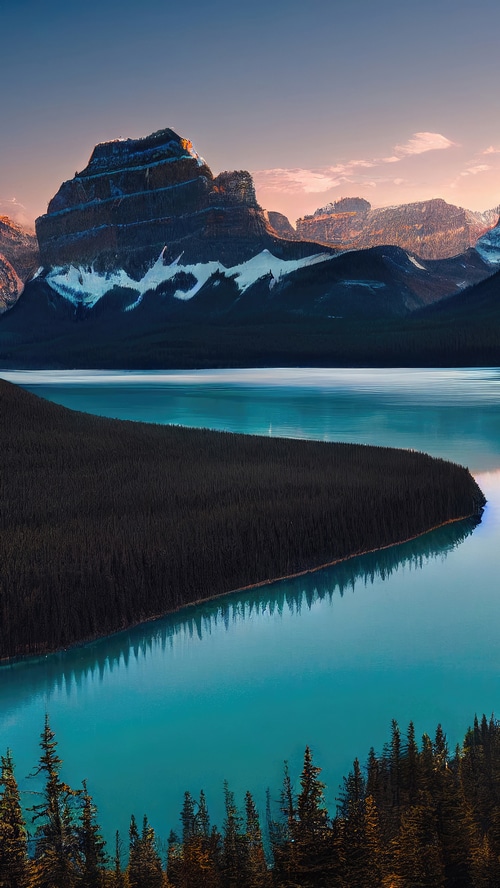 Mountain lake with forest and snow-capped peaks