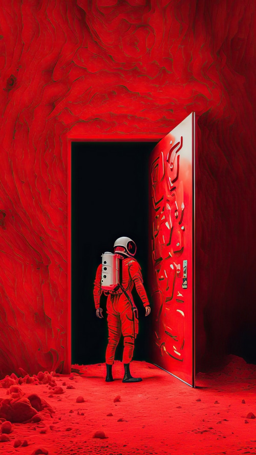 Astronaut in a red room with an open door