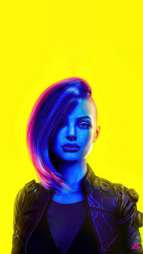 Cyberpunk digital art of a woman with blue and pink hair