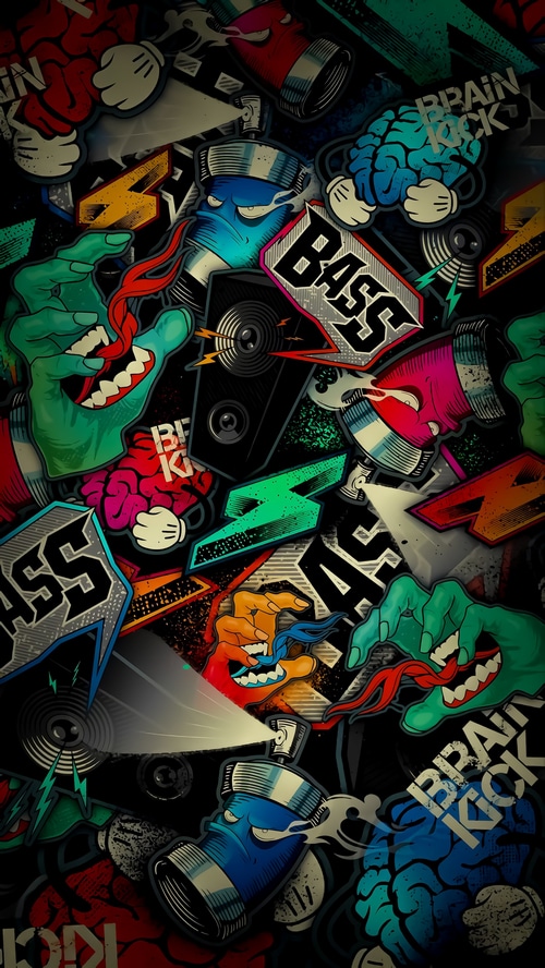 Graffiti art with spray cans, brains, and hands